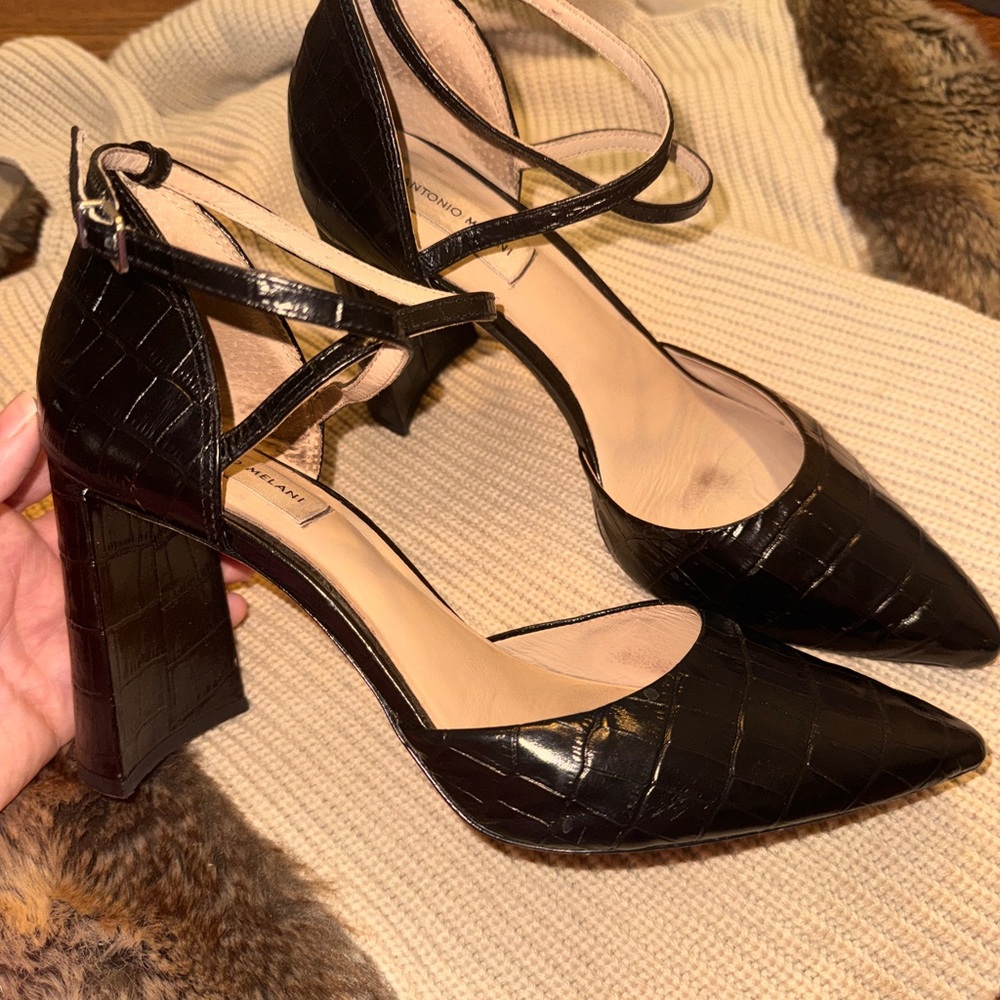 Antonio Melani Black Croc-Embossed Block Heel Pumps